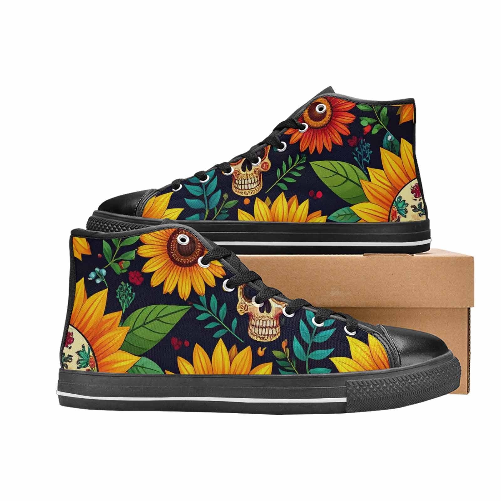 WOMEN'S Sunflowers And Skulls High Top Canvas Grunge Custom Shoes