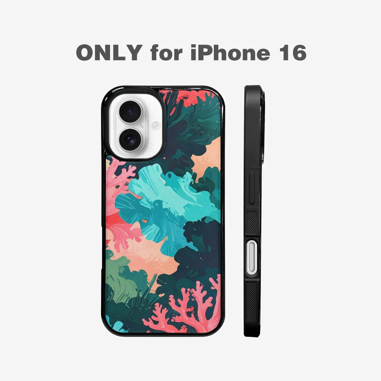 iPhone 16 Case — Camo Coral Turquoise, Custom Art Phone Cover