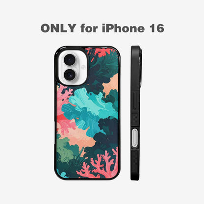 iPhone 16 Case — Camo Coral Turquoise, Custom Art Phone Cover