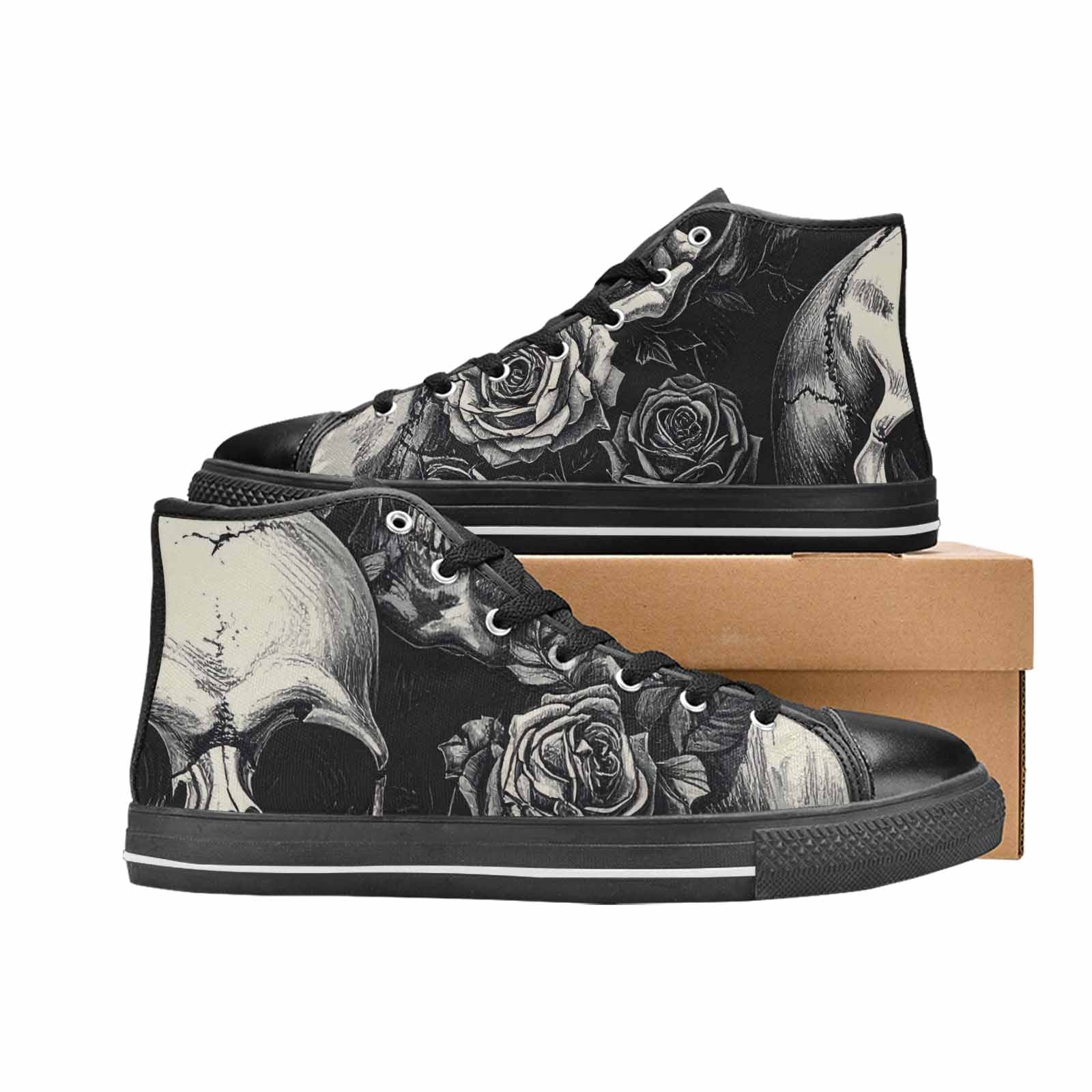 MEN'S Skulls Roses Black Ink Alt High Top Canvas Surreal Shoes