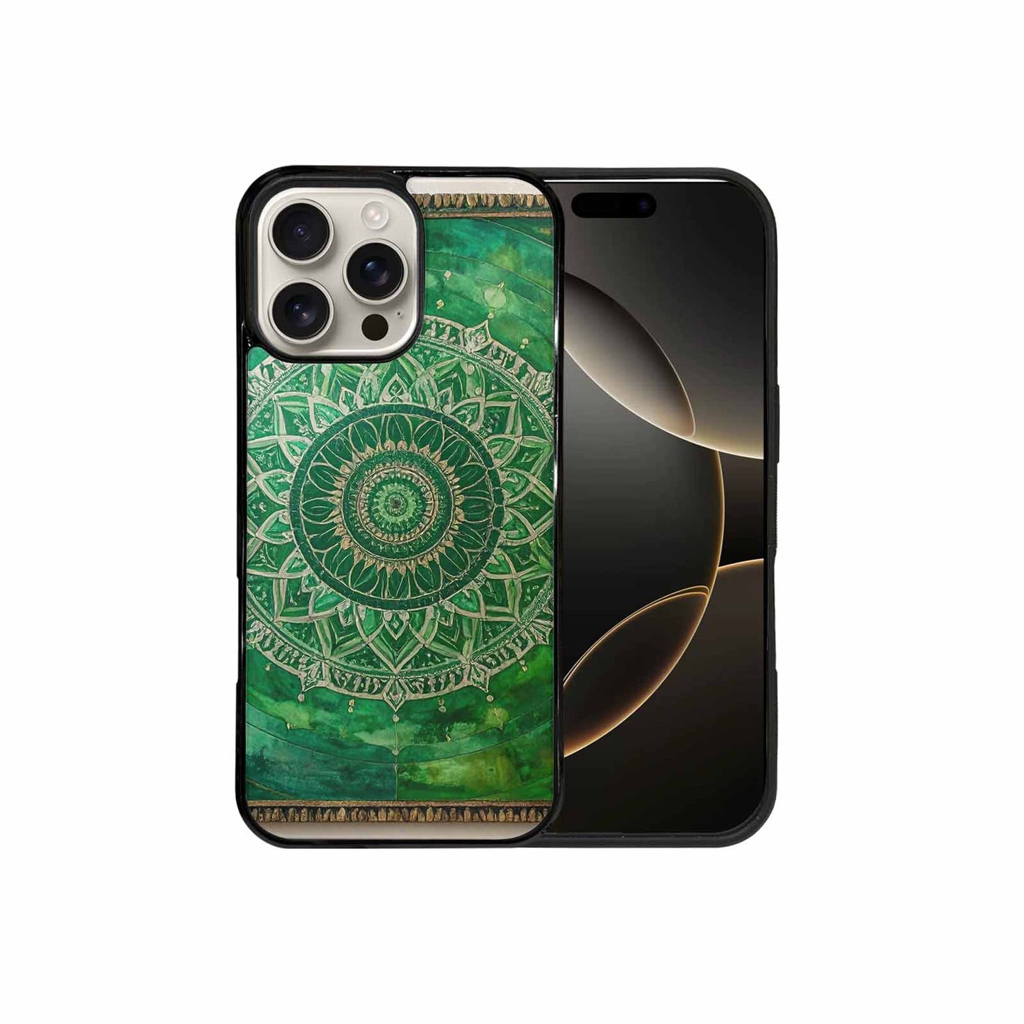 iPhone 16 Pro Max Case — Green Mandala Bohemian Print Edge To, Custom Printed Phone Case