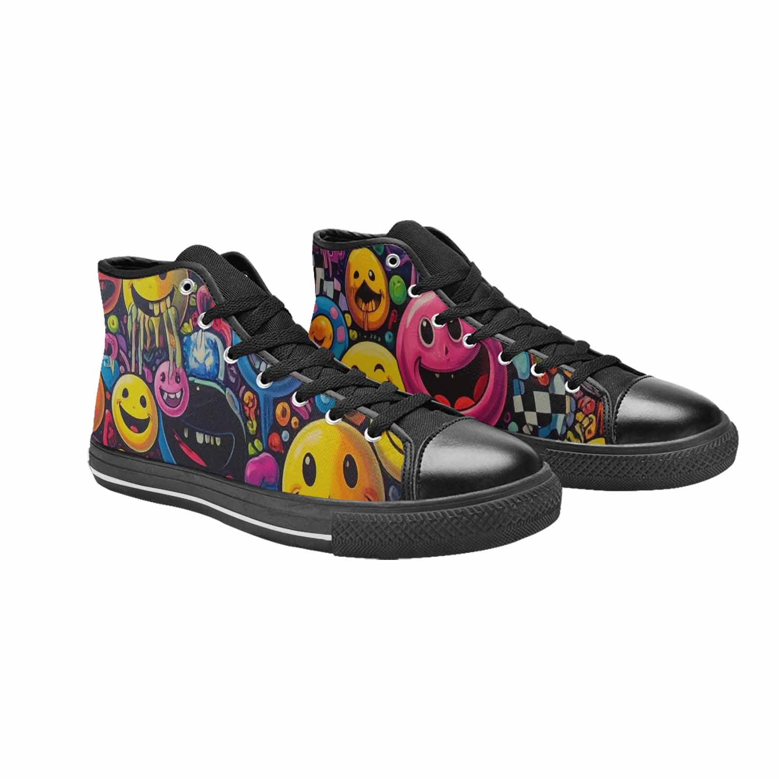 WOMEN'S Yellow Smiley Face High Top Canvas Neon Fantasy Sneakers