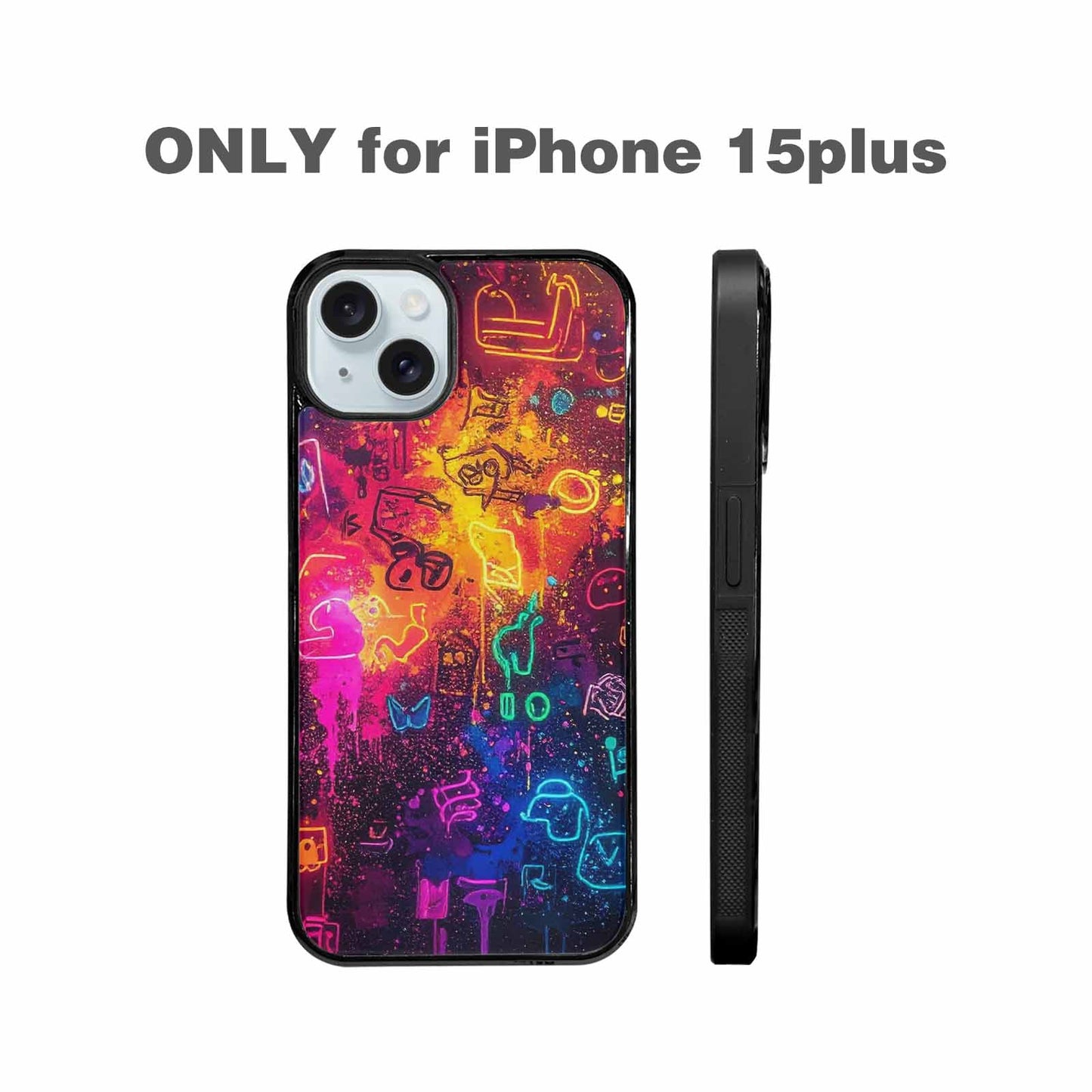 iPhone 15 Plus Case — Neon Glow Outline Icon Pattern Hundreds, Unique Phone Case Design