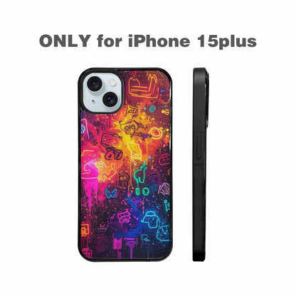 iPhone 15 Plus Case — Neon Glow Outline Icon Pattern Hundreds, Unique Phone Case Design
