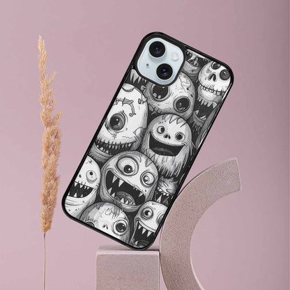 iPhone 15 Plus Case — Black And White Monster Face Collage, Custom Print Case Cover
