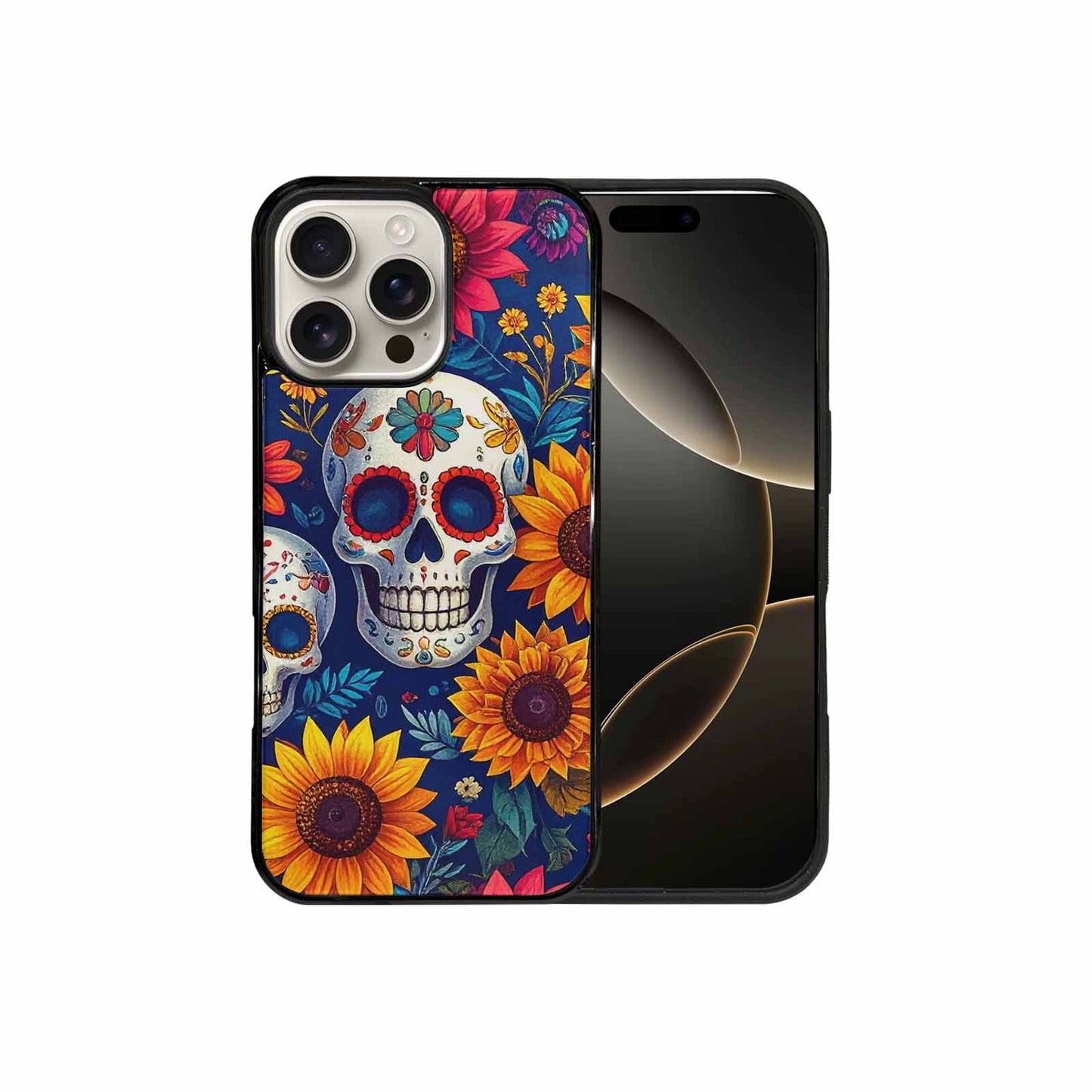 iPhone 16 Pro Max Case — Sunflower Skulls Print Custom, Custom Art Phone Cover