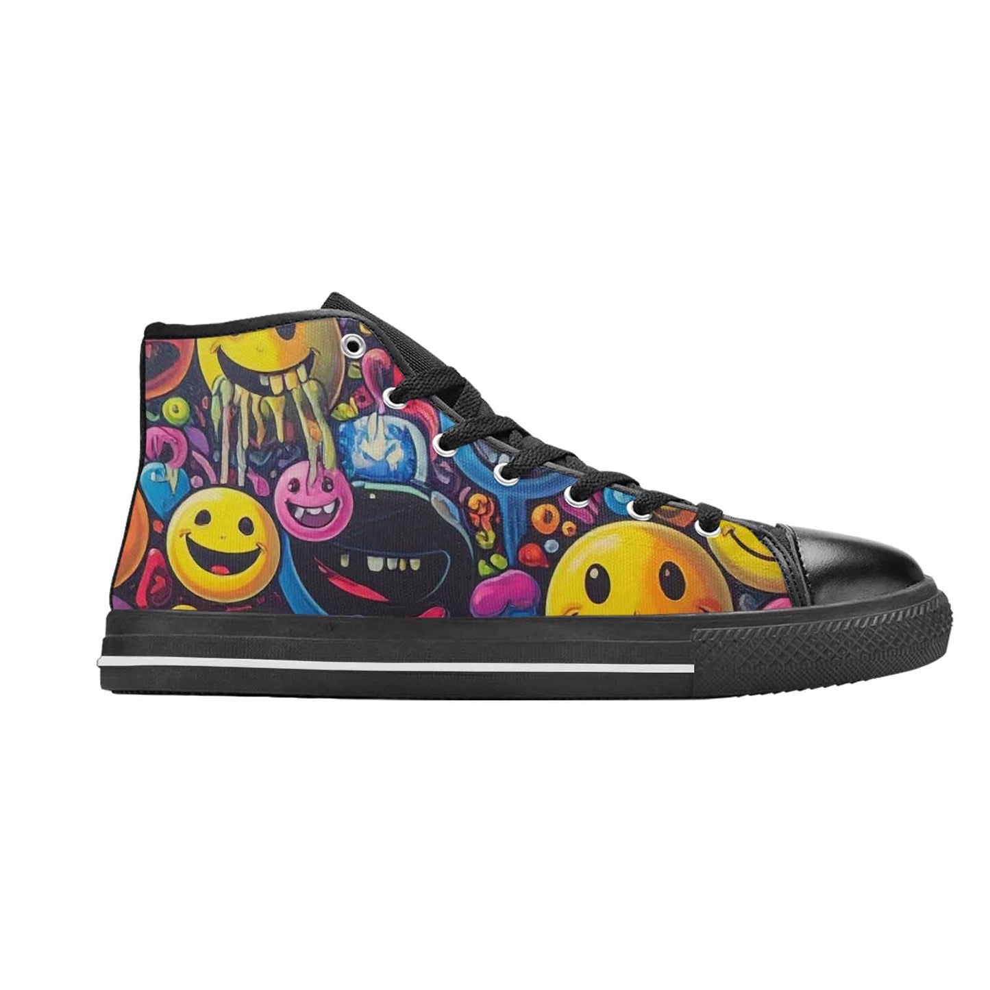 MEN'S Yellow Smiley Face High Top Canvas Neon Fantasy Shoes