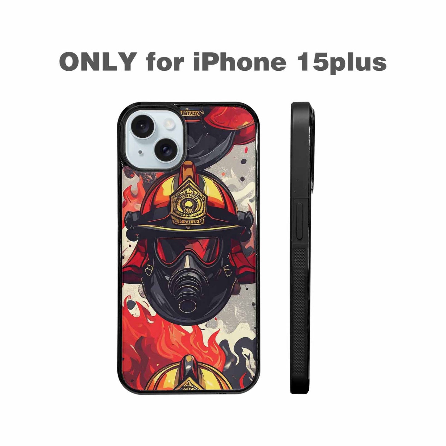 iPhone 15 Plus Case — Firefighter Pattern Flames Axes Helmets Seamless, Customized Protective Case