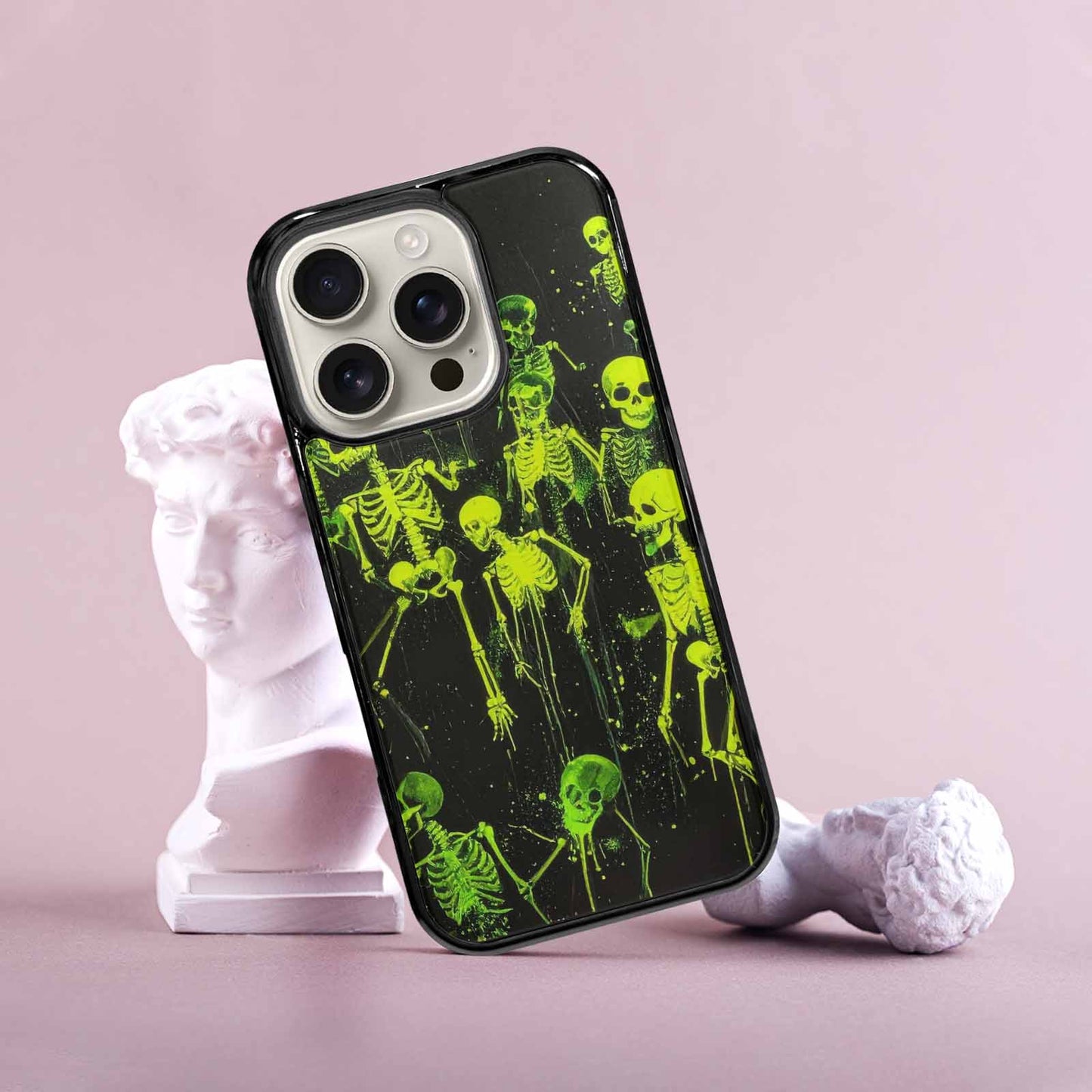 iPhone 16 Pro Case — Skeletons Neon Green Glow Skeletons Pattern, Custom Print Case Cover