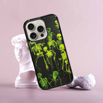 iPhone 16 Pro Case — Skeletons Neon Green Glow Skeletons Pattern, Custom Print Case Cover