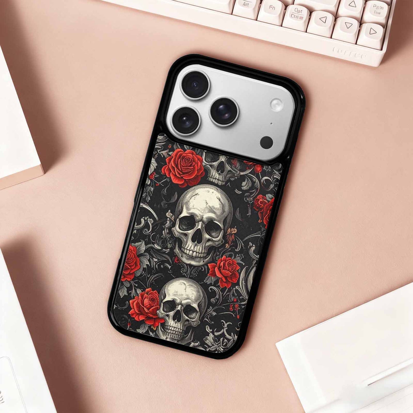 iPhone 17 Pro Case — Skulls Roses Fine Line Gothic Skulls, Custom Art Phone Cover