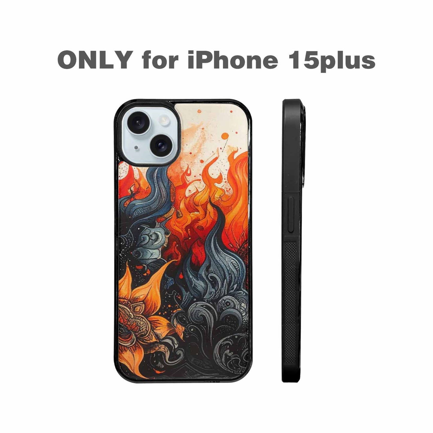 iPhone 15 Plus Case — Flame Burst Black Red Ink Flame, Custom Art Phone Cover