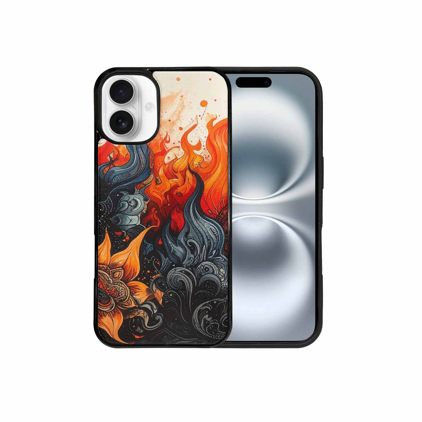 iPhone 16 Plus Case — Flame Burst Black Red Ink Flame, Custom Art Phone Cover
