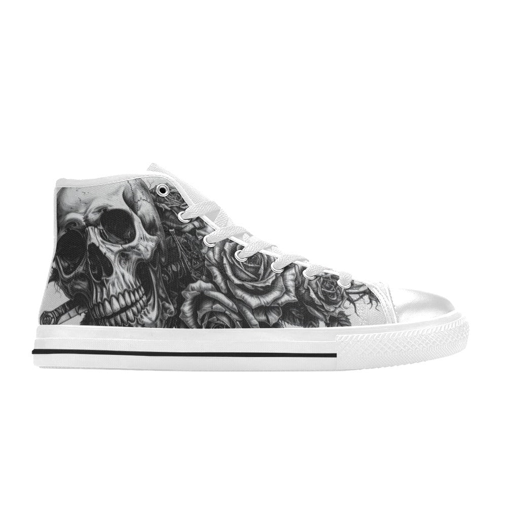 Grey Monochrome Skull Women's Gothic High Top Canvas Shoes | Freaky Shoes®