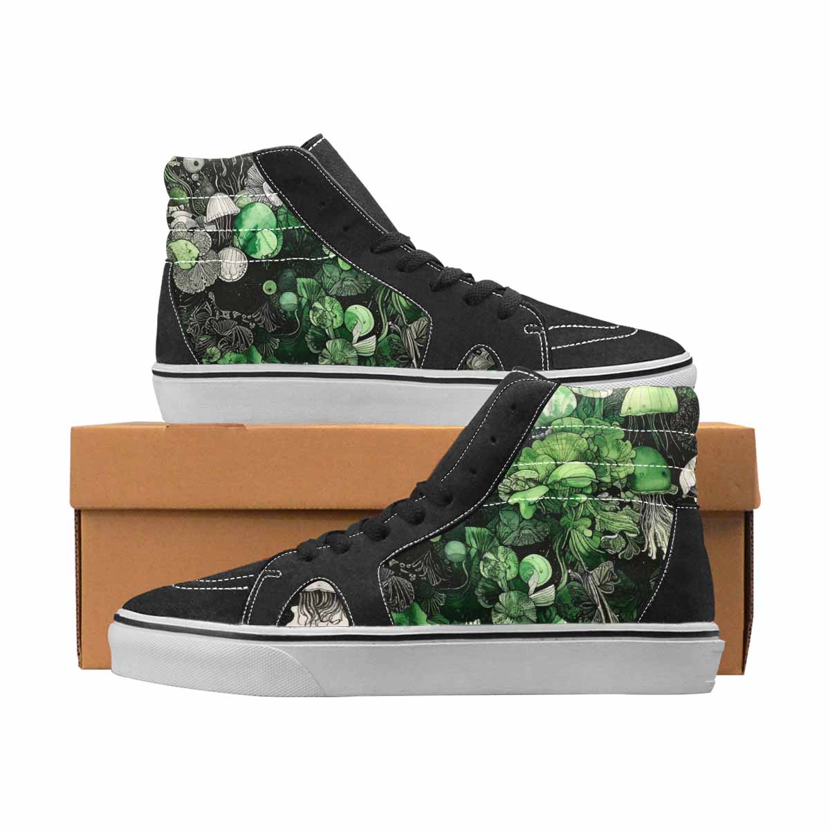 WOMEN'S Sea Creatures Black & Green Ink High Top Canvas Graphic Print Vivid Shoes