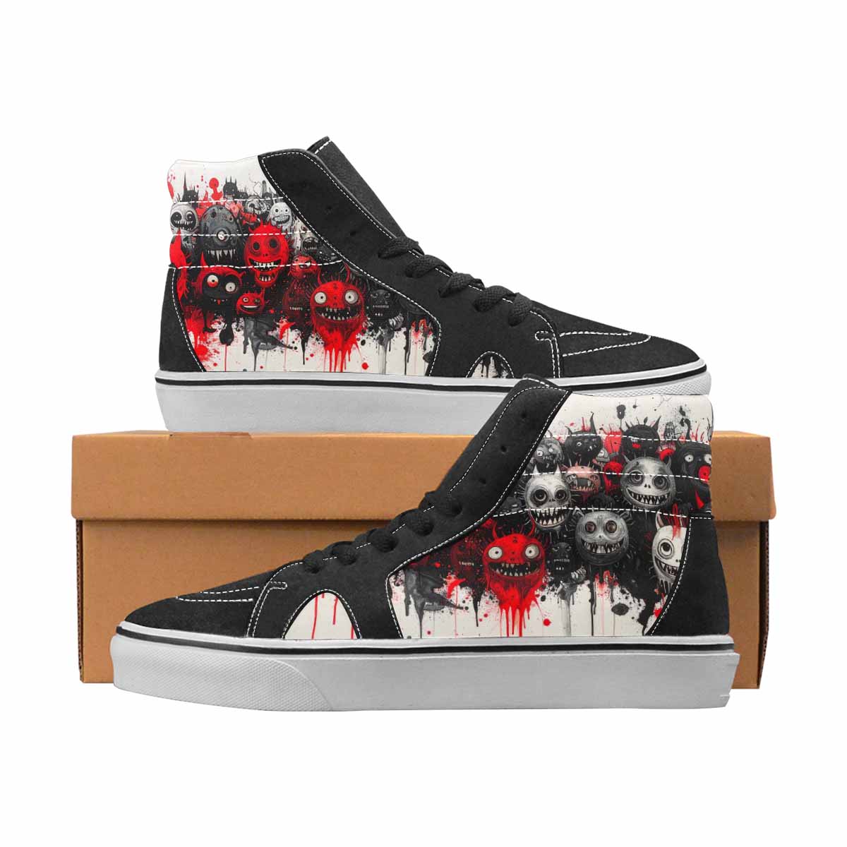 WOMEN'S Monsters Black & Red Ink High Top Canvas Custom Design Grunge Custom Sneakers
