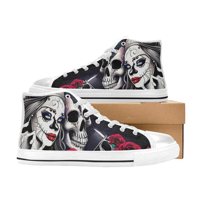 Freaky Shoes custom art sneakers with Day of the Dead skull art, red roses, and black background, made to order