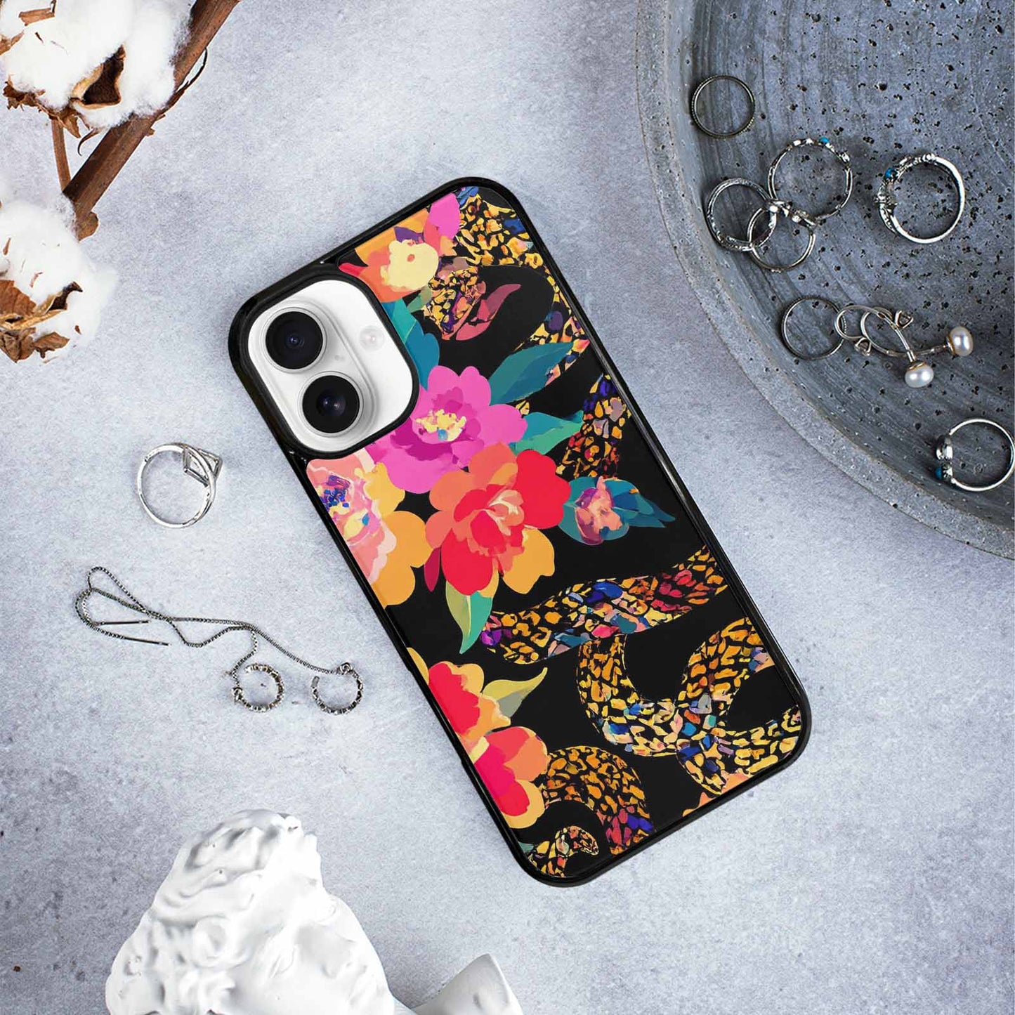 iPhone 16 Plus Case — Floral Snake Print, Custom Art Phone Cover