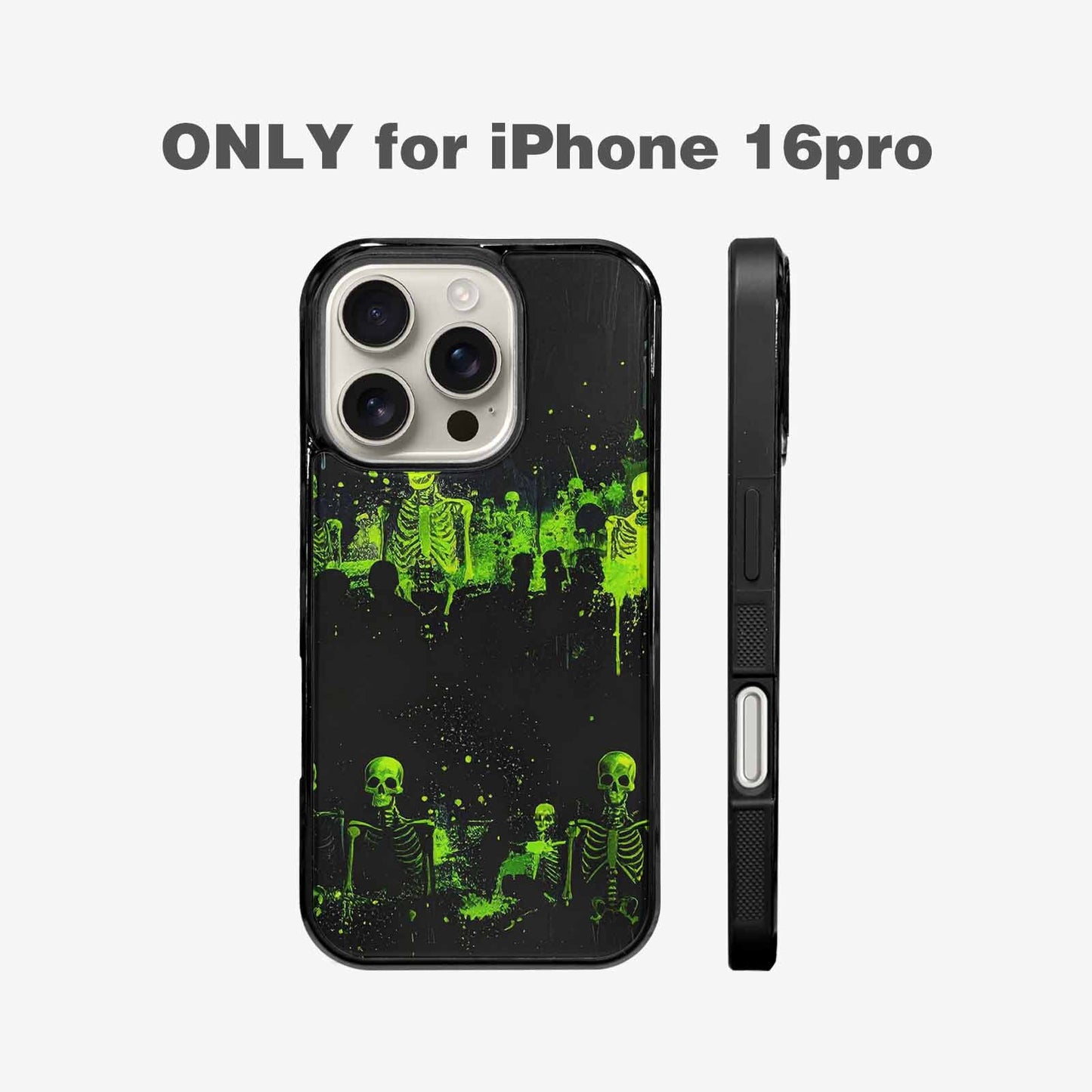 iPhone 16 Pro Case — Skeletons Neon Green Glow Skeletons Pattern, Personalized Phone Case