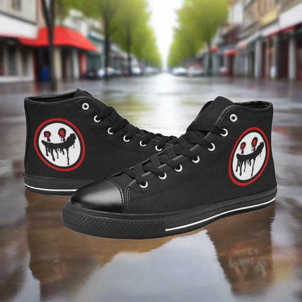 Custom Women's Freaky Clean Logo Face Art R La high-top canvas shoes with bold all-over art — Freaky Shoes
