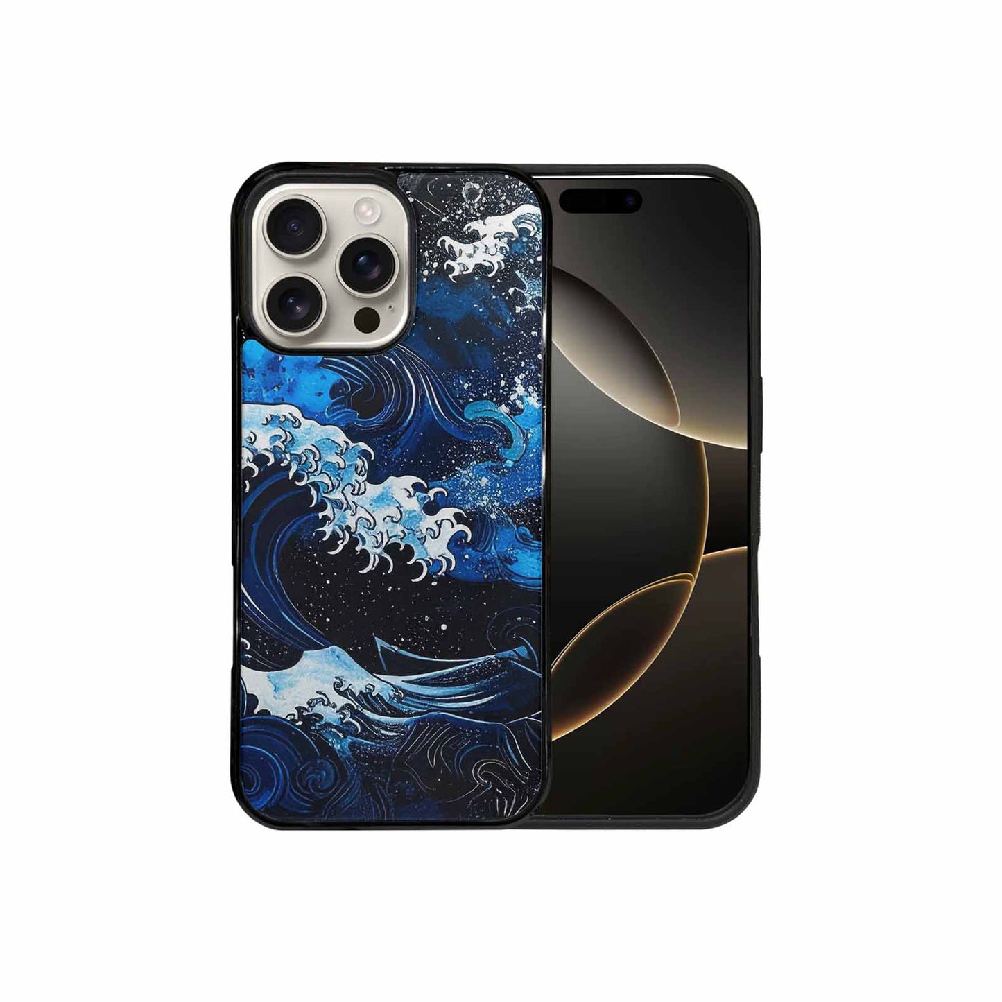 iPhone 16 Pro Max Case — Nautical Wave Black Blue Ink Wave, Custom Print Case Cover