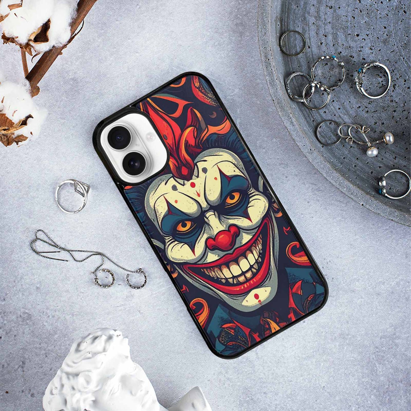 iPhone 16 Plus Case — Evil Circus Heads Faces Overlapping Patterns, Personalized Phone Case