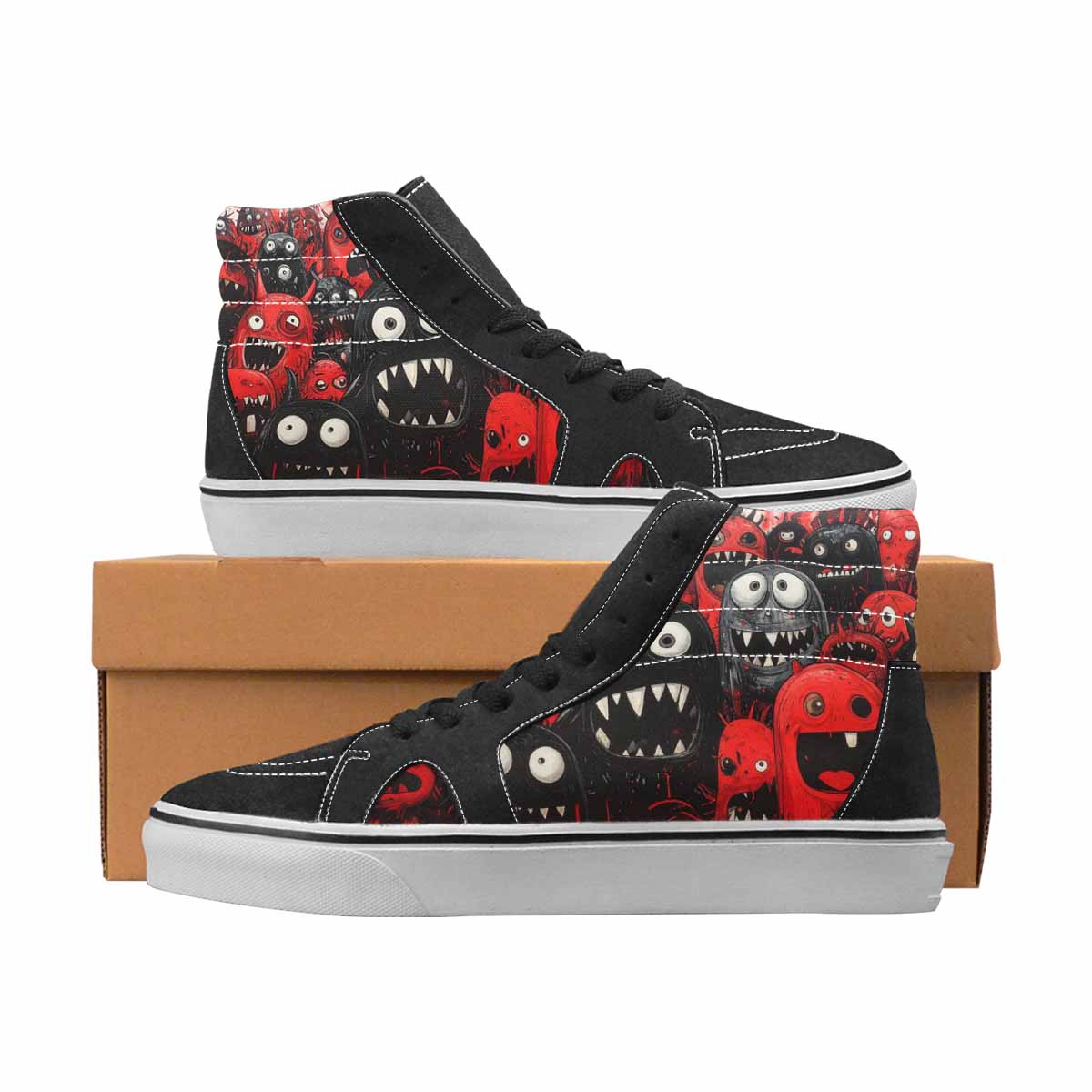 WOMEN'S Monsters Black & Red Ink High Top Canvas Streetwear Grunge Shoes