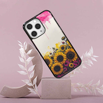 iPhone 15 Pro Max Case — Sunflower Burst Black Pink Ink Sunflowers, Custom Print Case Cover
