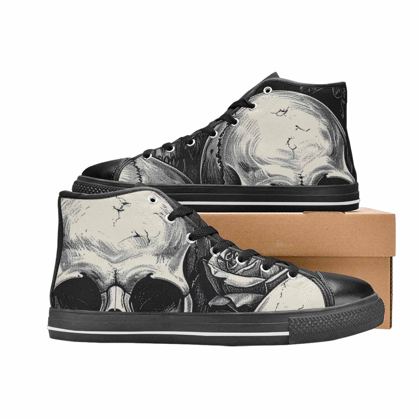 WOMEN'S Skulls Roses Black Ink High Top Canvas Wallpaper Art Shoes