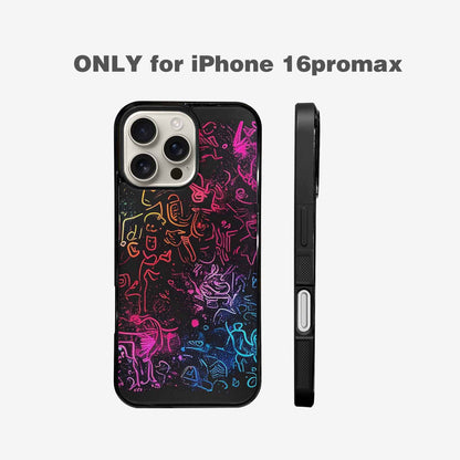 iPhone 16 Pro Max Case — Neon Glow Outline Icon Pattern Hundreds, Custom Designed Case Cover