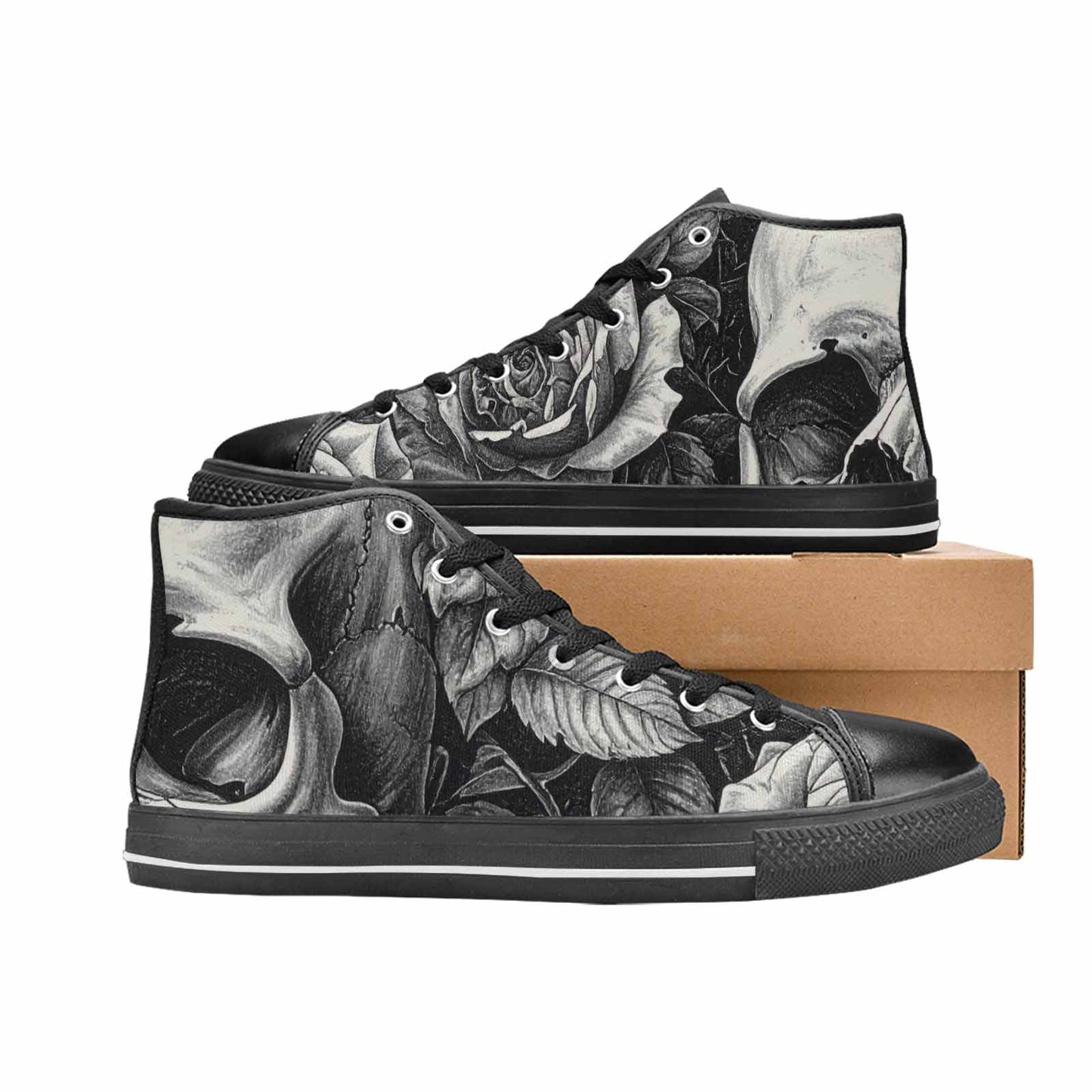 WOMEN'S Skulls Roses Pen Ink High Top Canvas Dreamcore Custom Sneakers