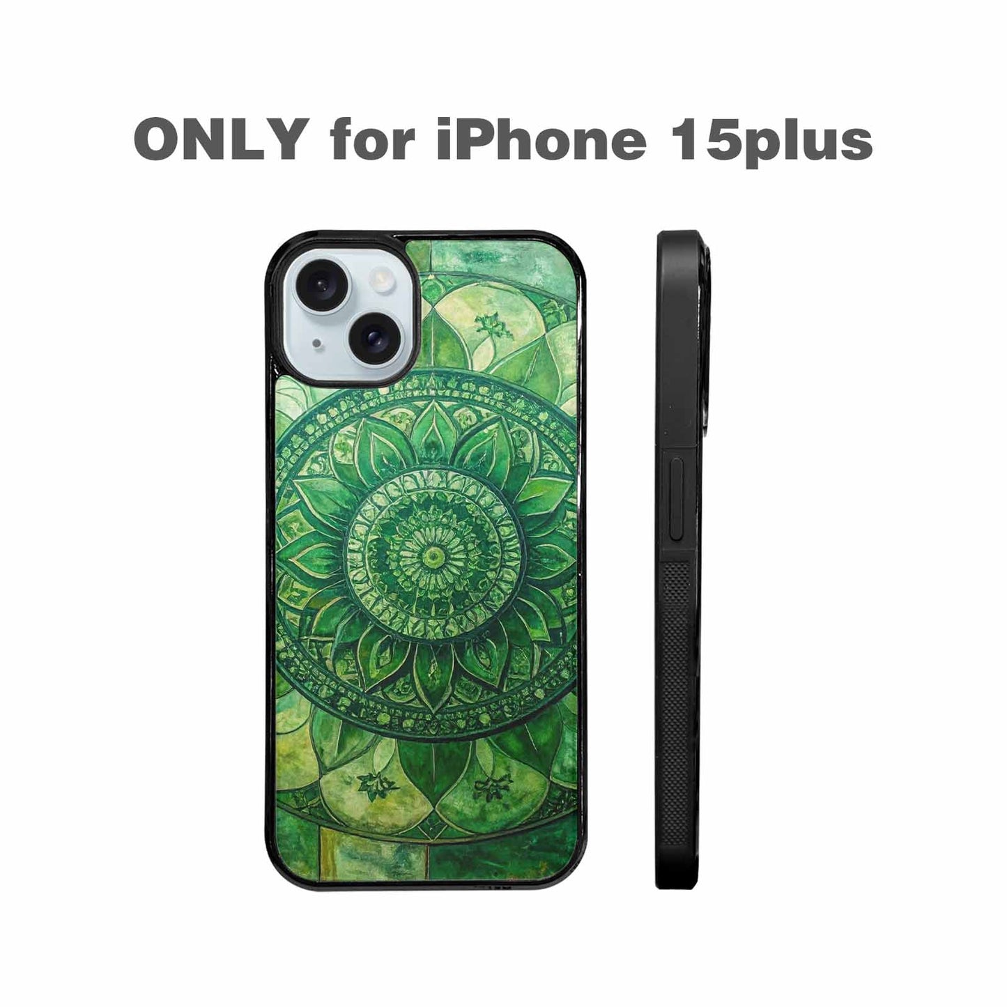 iPhone 15 Plus Case — Green Mandala Bohemian Print Edge To, Custom Art Phone Cover