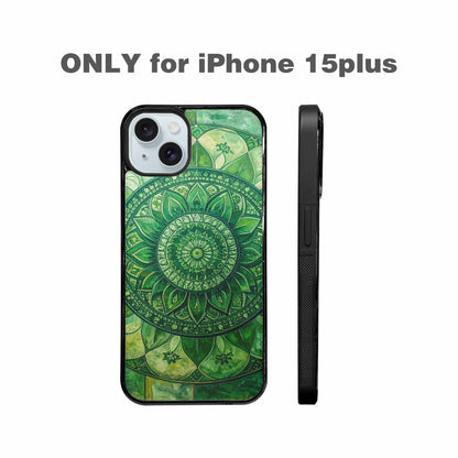 iPhone 15 Plus Case — Green Mandala Bohemian Print Edge To, Custom Art Phone Cover