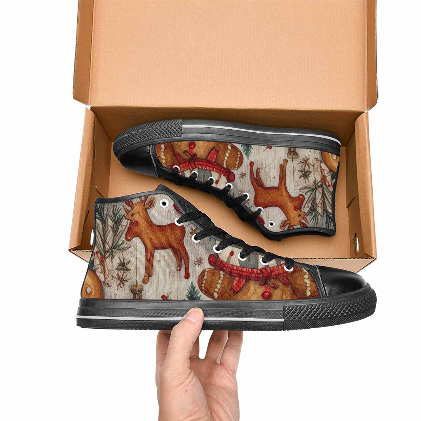 MEN'S Christmas Holly Snowflake High Top Canvas Wallpaper Art Shoes