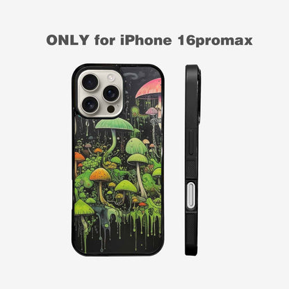 iPhone 16 Pro Max Case — Rainbow Drip Mushrooms Black Green Ink, Original Design Phone Case
