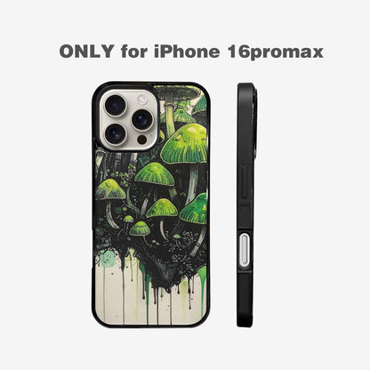 iPhone 16 Pro Max Case — Rainbow Drip Mushrooms Black Green Ink, Original Design Phone Case