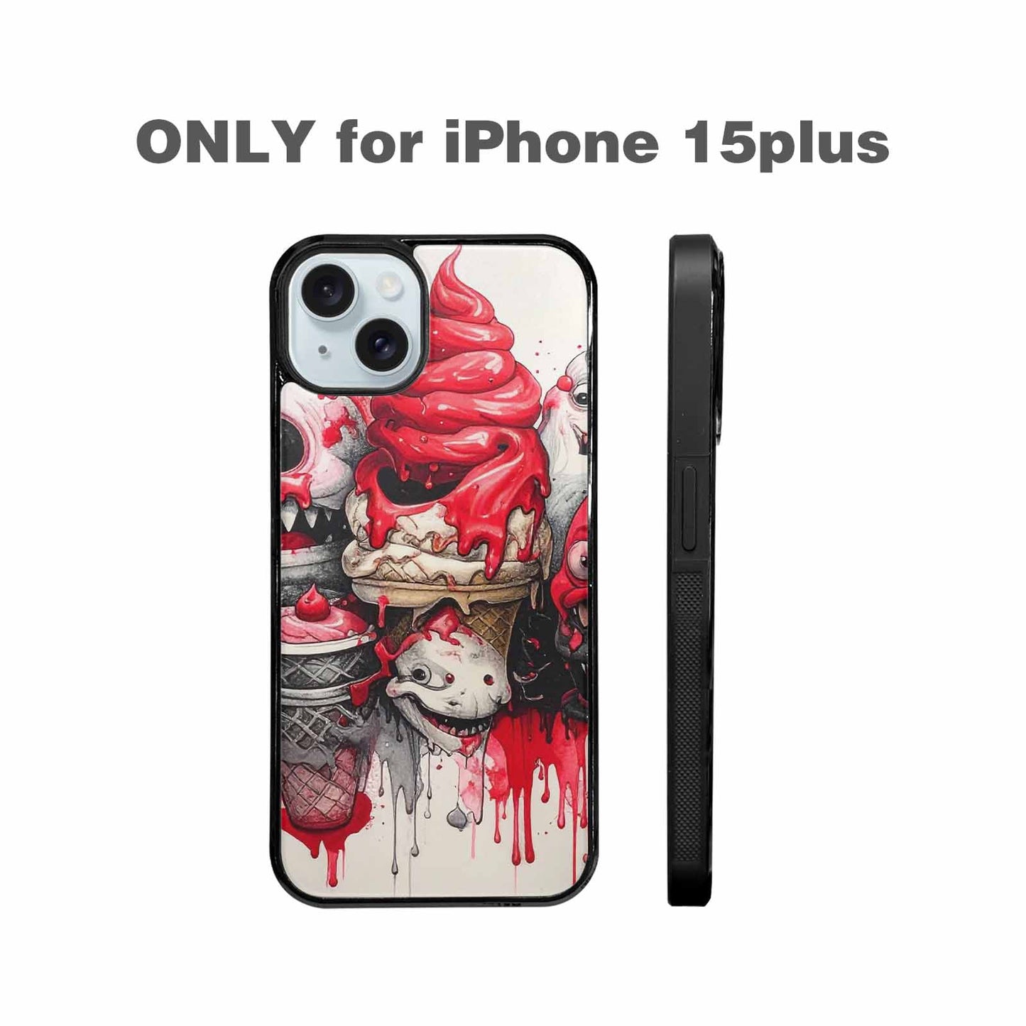 iPhone 15 Plus Case — Ice Cream Monsters Black Red Ink, Custom Print Case Cover