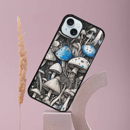 iPhone 15 Plus Case — Mushrooms General Black Blue Ink Mushrooms, Custom Printed Phone Case