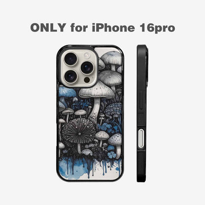 iPhone 16 Pro Case — Mushrooms General Black Blue Ink Mushrooms, Custom Art Phone Cover