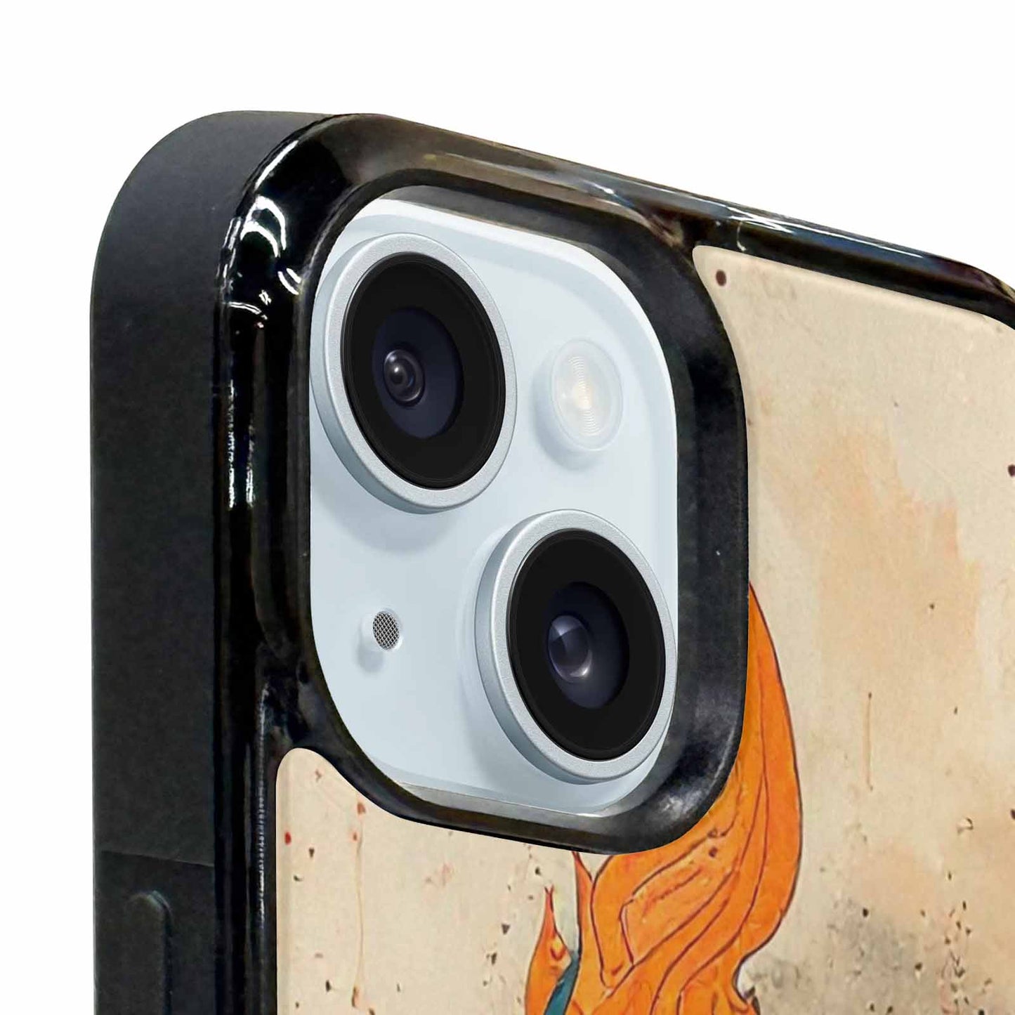 iPhone 15 Plus Case — Flame Burst Black Red Ink Flame, Unique Phone Case Design