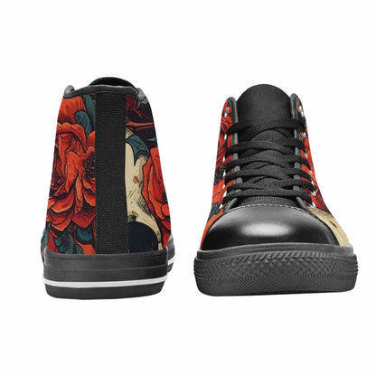 WOMEN'S Skulls Roses Bold Pen Ink High Top Canvas Neon Fantasy Shoes