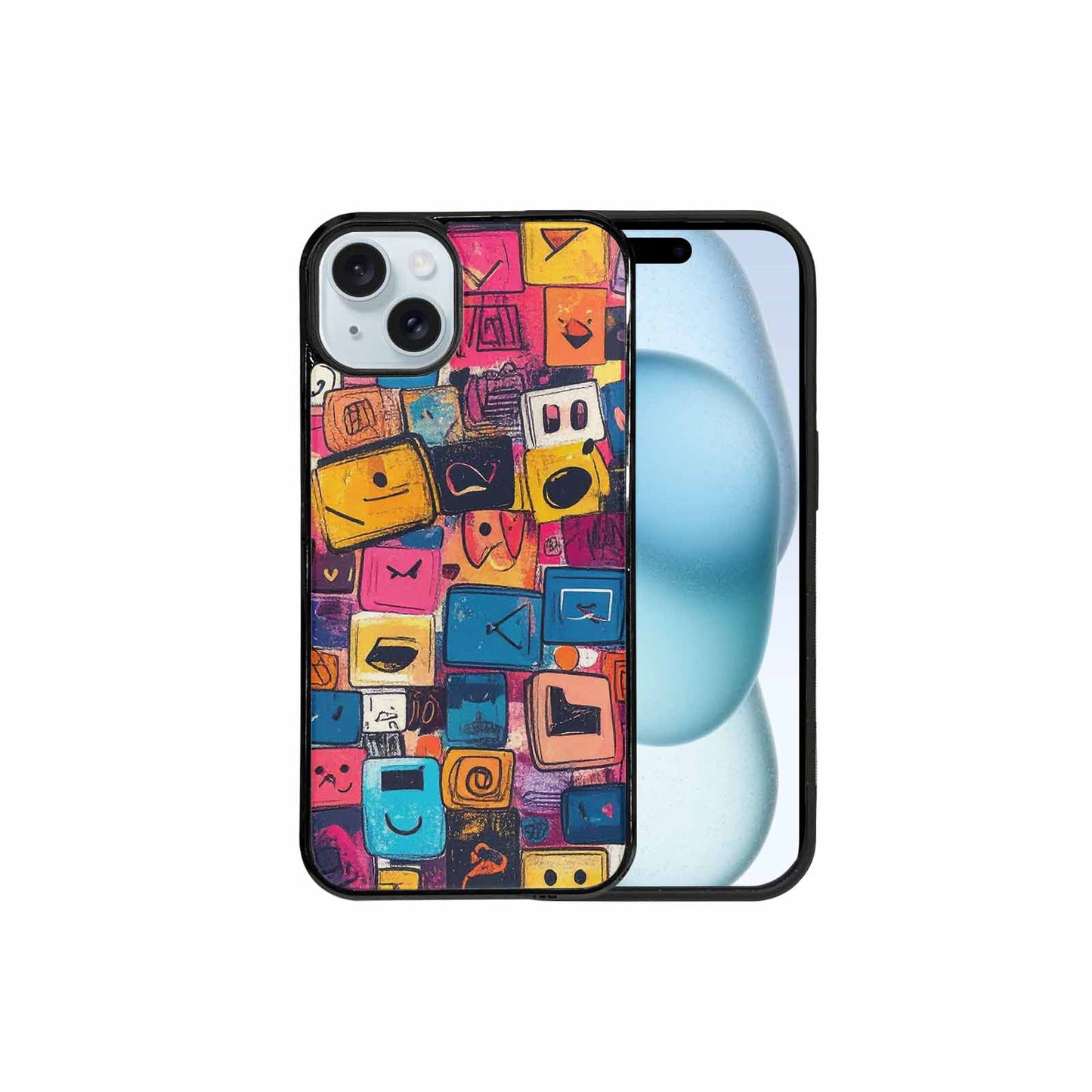 iPhone 15 Plus Case — Hand Drawn Icon Doodle Pattern Hundreds, Customized Protective Case