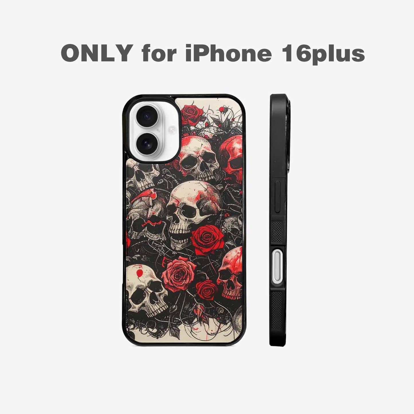 iPhone 16 Plus Case — Skull And Roses Black Red Ink, Custom Designed Case Cover