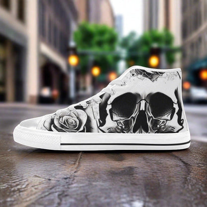Women's Grey Skull & Roses Black & White custom high-top canvas shoes — wearable art by Freaky Shoes