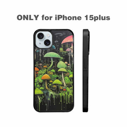iPhone 15 Plus Case — Rainbow Drip Mushrooms Black Green Ink, Customized Protective Case