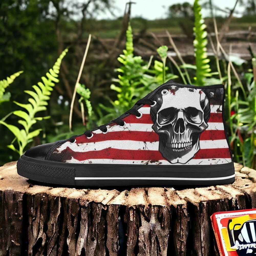 Custom Men's Patriotic Skull Art high-top canvas shoes with bold all-over art — Freaky Shoes
