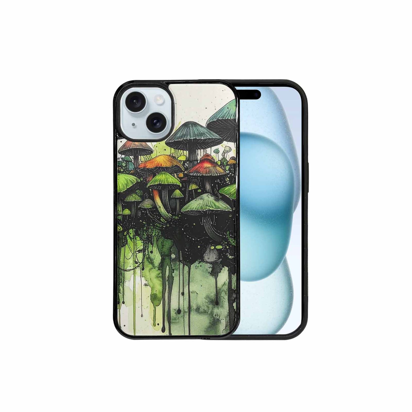 iPhone 15 Plus Case — Rainbow Drip Mushrooms Black Green Ink, Custom Made Phone Cover