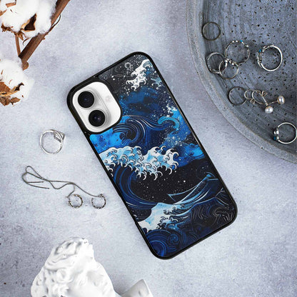 iPhone 16 Plus Case — Nautical Wave Black Blue Ink Wave, Custom Made Phone Cover