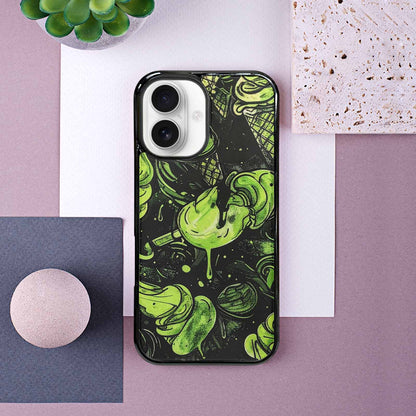 iPhone 16 Case — Ice Cream Motif Black Green Ink, Custom Printed Phone Case