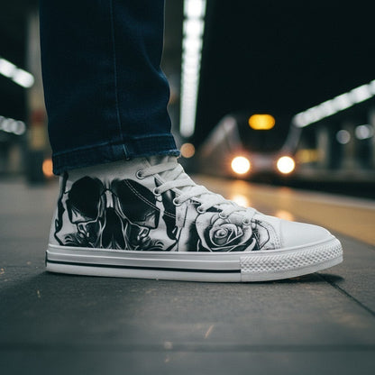 Men's Grey Skull & Roses Black & White hand-made high-top canvas shoes — unique wearable art by Freaky Shoes